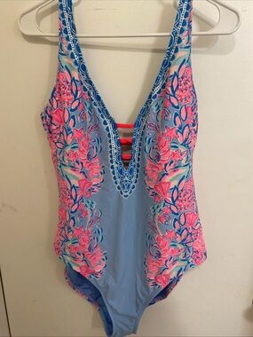 Lilly Pulitzer Jasper Floral One-Piece Swimsuit Blue Pink Floral DeepV Sz 14